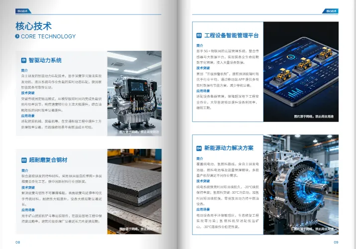 预设“技术理念-产品系列-服务体系”逻辑框架的画册模板展示
