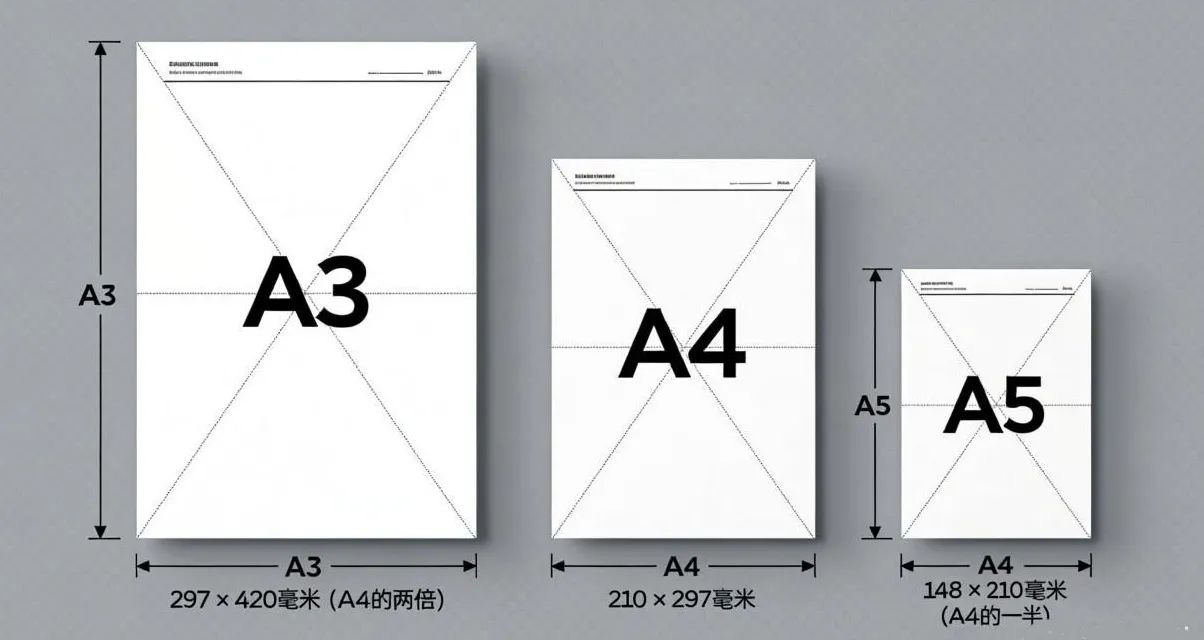 A4, A3, A5等国际标准纸张尺寸对比示意图