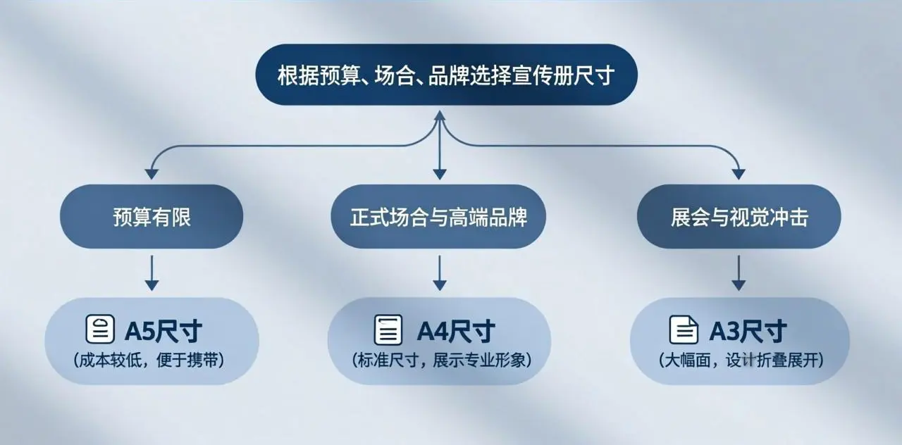根据预算、场合、品牌选择宣传册尺寸的决策流程图