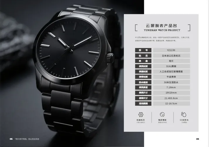 手表产品画册模板内页图例：用多个跨页展示产品