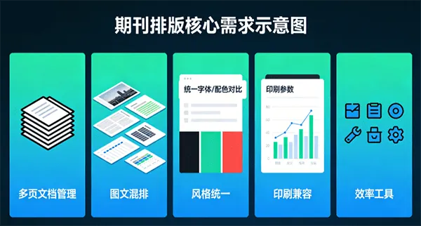 期刊排版核心需求示意圖：多頁文檔管理、圖文混排、風(fēng)格統(tǒng)一、印刷兼容、效率工具