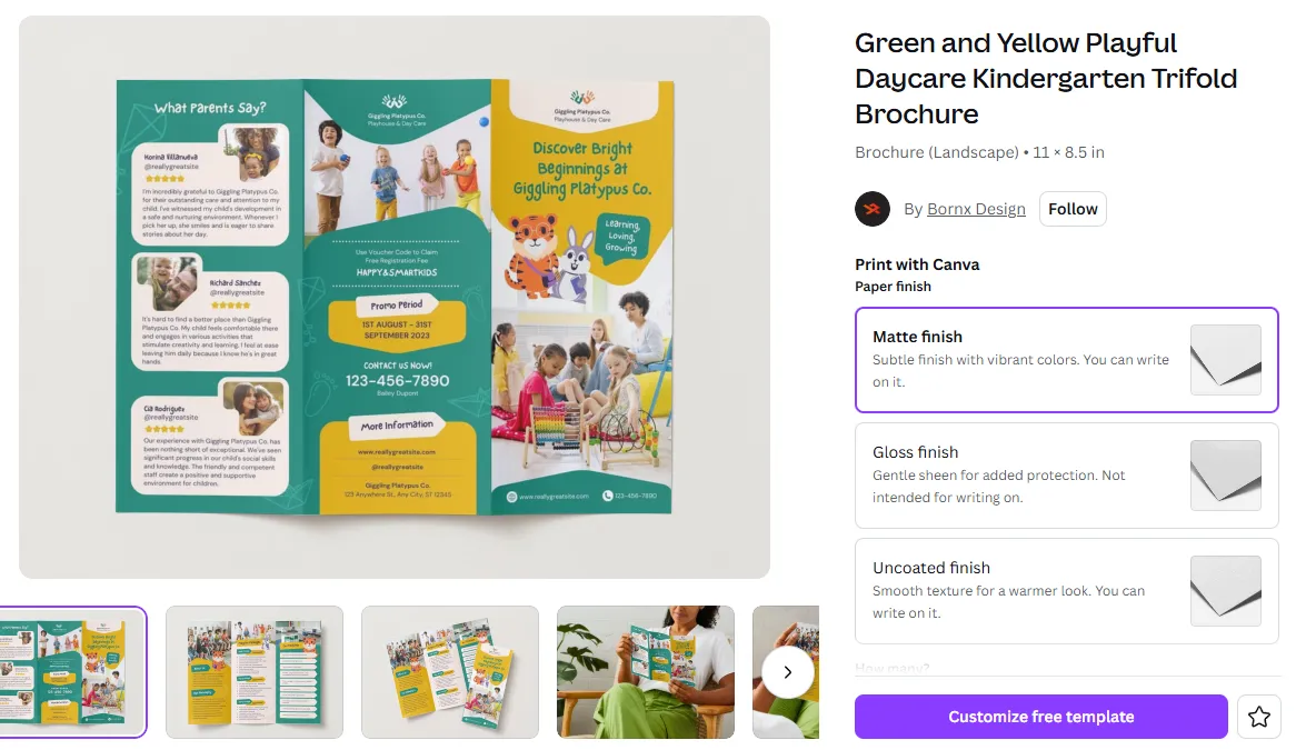 绿黄趣味日托幼儿园三折页宣传册