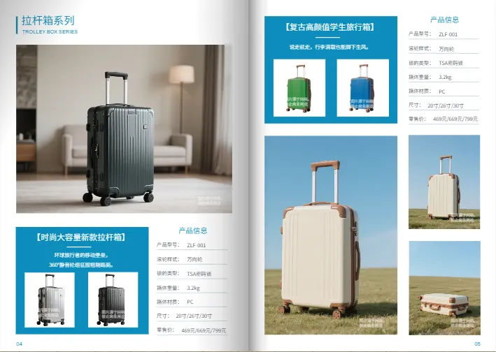 行李箱价目表模板内页展示：拉杆箱分类，包含型号、材质、尺寸、颜色”
